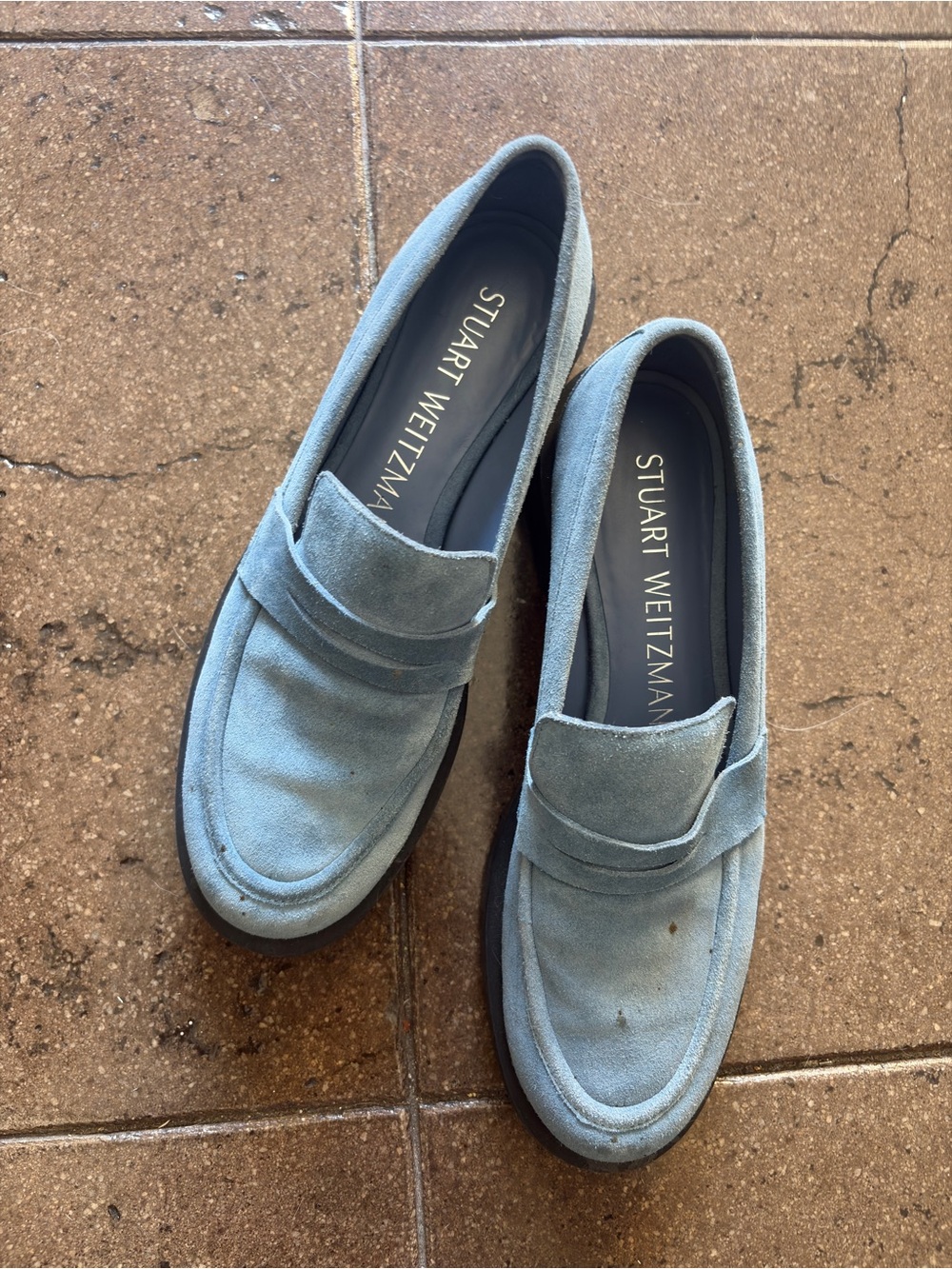 Stuart Weitzman Sky Blue Suede Penny Loafers